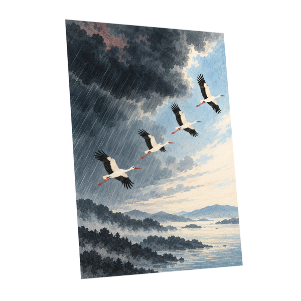 Flight Beyond the Storm, blue, gray, black nature wall art shown as a unframed poster wall art print
