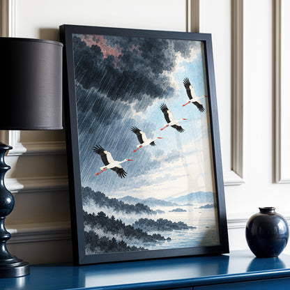 Flight Beyond the Storm, blue, gray, black nature wall art displayed in a styled interior, gallery view 2