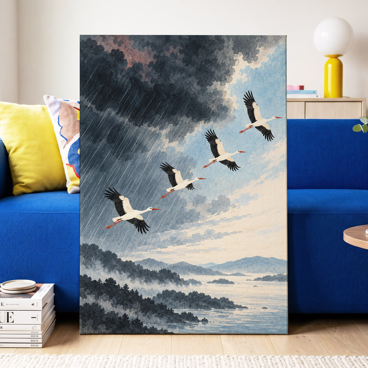 Flight Beyond the Storm, blue, gray, black nature wall art displayed in a styled interior, gallery view 3