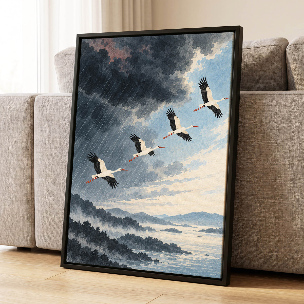 Flight Beyond the Storm, blue, gray, black nature wall art displayed in a styled interior, gallery view 4