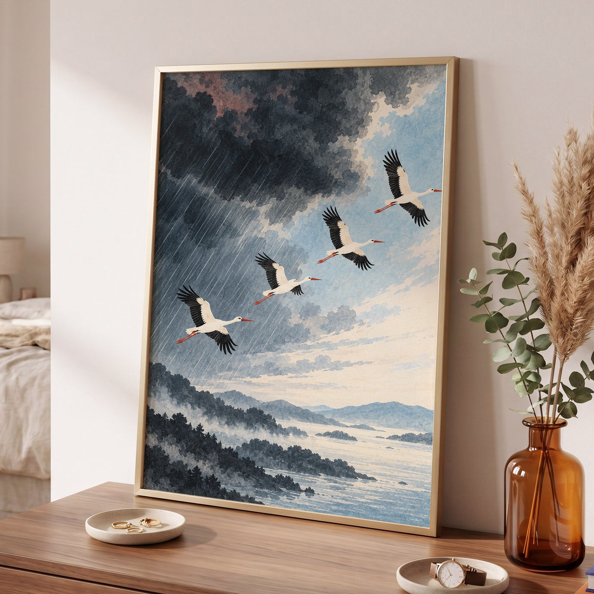 Flight Beyond the Storm, blue, gray, black nature wall art displayed in a styled interior, gallery view 6
