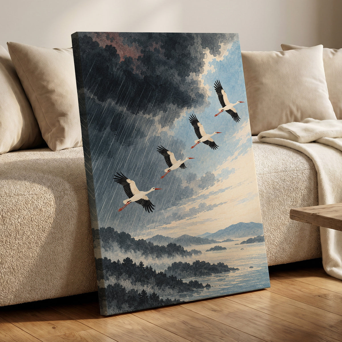 Flight Beyond the Storm, blue, gray, black nature wall art displayed in a styled interior, gallery view 7