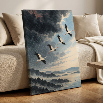 Flight Beyond the Storm, blue, gray, black nature wall art displayed in a styled interior, gallery view 7