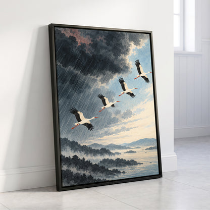 Flight Beyond the Storm, blue, gray, black nature wall art displayed in a styled interior, gallery view 8