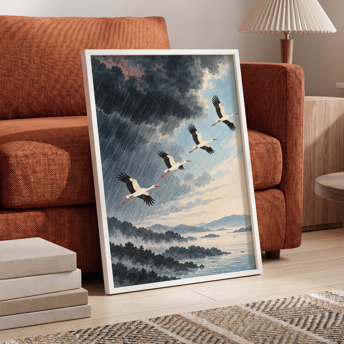 Flight Beyond the Storm, blue, gray, black nature wall art displayed in a styled interior, gallery view 9