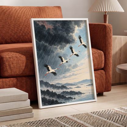 Flight Beyond the Storm, blue, gray, black nature wall art displayed in a styled interior, gallery view 9