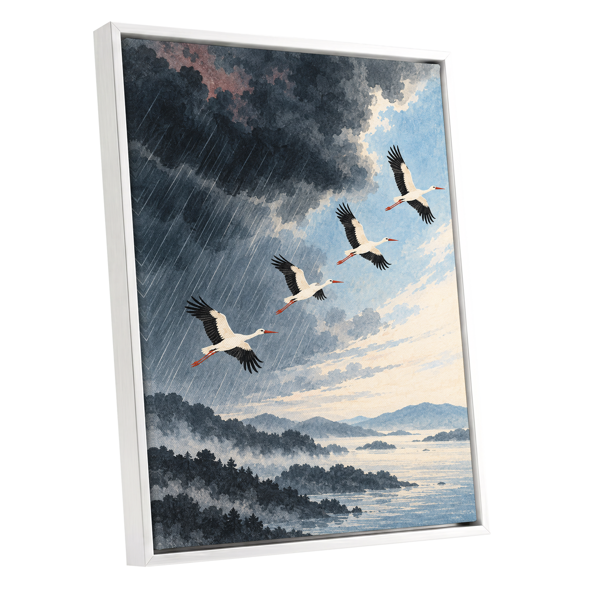 Flight Beyond the Storm, blue, gray, black nature wall art shown as a white framed canvas wall art