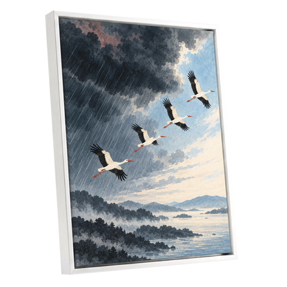 Flight Beyond the Storm, blue, gray, black nature wall art shown as a white framed canvas wall art