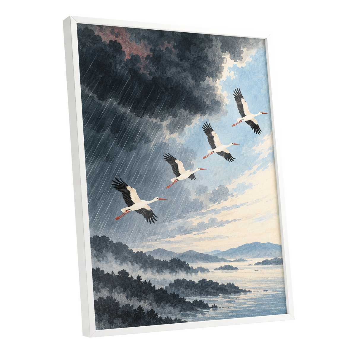 Flight Beyond the Storm, blue, gray, black nature wall art shown as a white framed poster wall art print