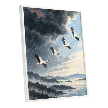 Flight Beyond the Storm, blue, gray, black nature wall art shown as a white framed poster wall art print