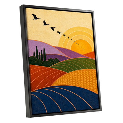 Flight over Golden Fields, yellow, orange, green nature wall art shown as a black framed canvas wall art
