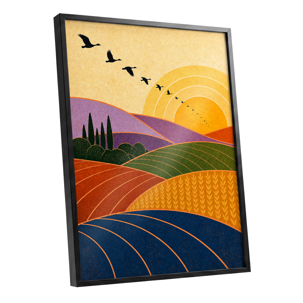 Flight over Golden Fields, yellow, orange, green nature wall art shown as a black framed poster wall art print