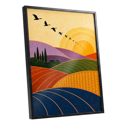 Flight over Golden Fields, yellow, orange, green nature wall art shown as a black framed poster wall art print