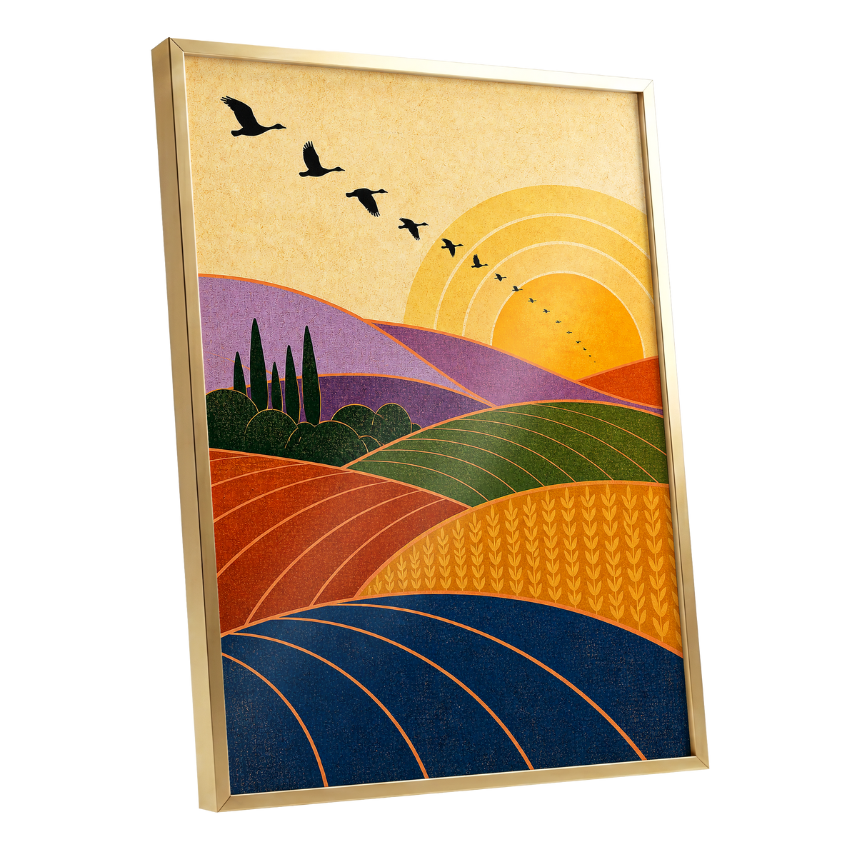 Flight over Golden Fields, yellow, orange, green nature wall art shown as a gold framed poster wall art print