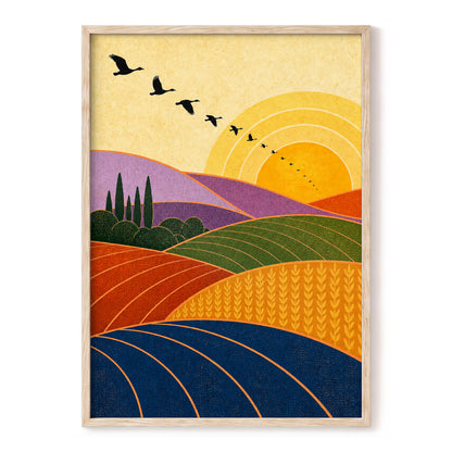 Flight over Golden Fields, yellow, orange, green nature wall art, front artwork view