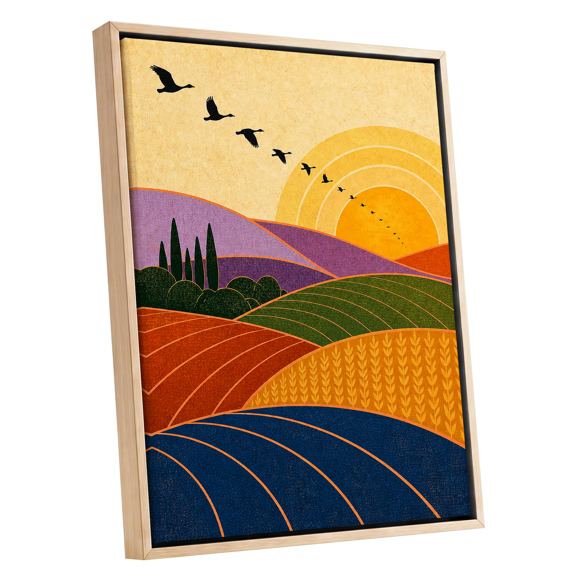Flight over Golden Fields, yellow, orange, green nature wall art shown as a oak framed canvas wall art