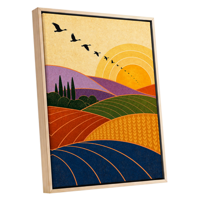 Flight over Golden Fields, yellow, orange, green nature wall art shown as a oak framed canvas wall art