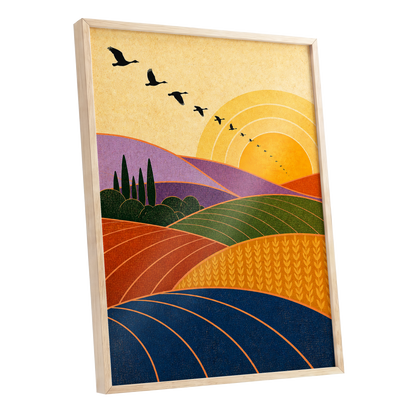 Flight over Golden Fields, yellow, orange, green nature wall art shown as a oak framed poster wall art print