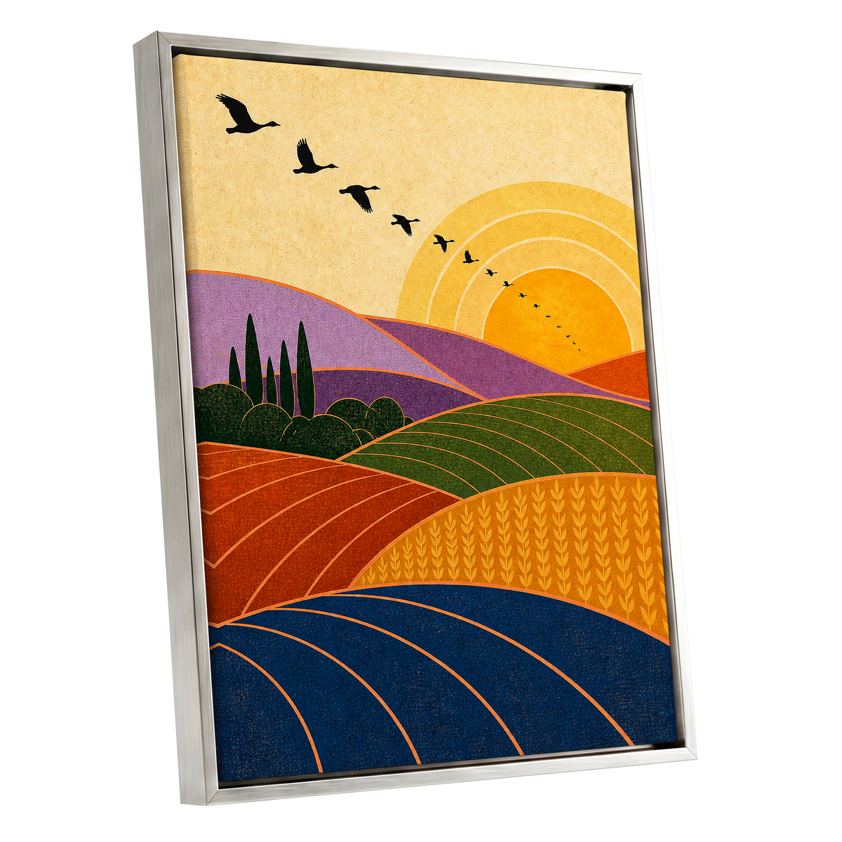 Flight over Golden Fields, yellow, orange, green nature wall art shown as a silver framed canvas wall art