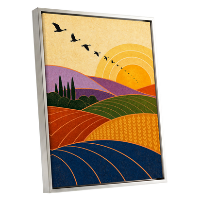 Flight over Golden Fields, yellow, orange, green nature wall art shown as a silver framed canvas wall art