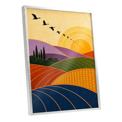 Flight over Golden Fields, yellow, orange, green nature wall art shown as a silver framed poster wall art print