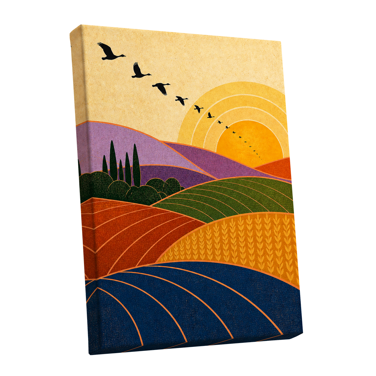 Flight over Golden Fields, yellow, orange, green nature wall art shown as a stretched canvas wall art