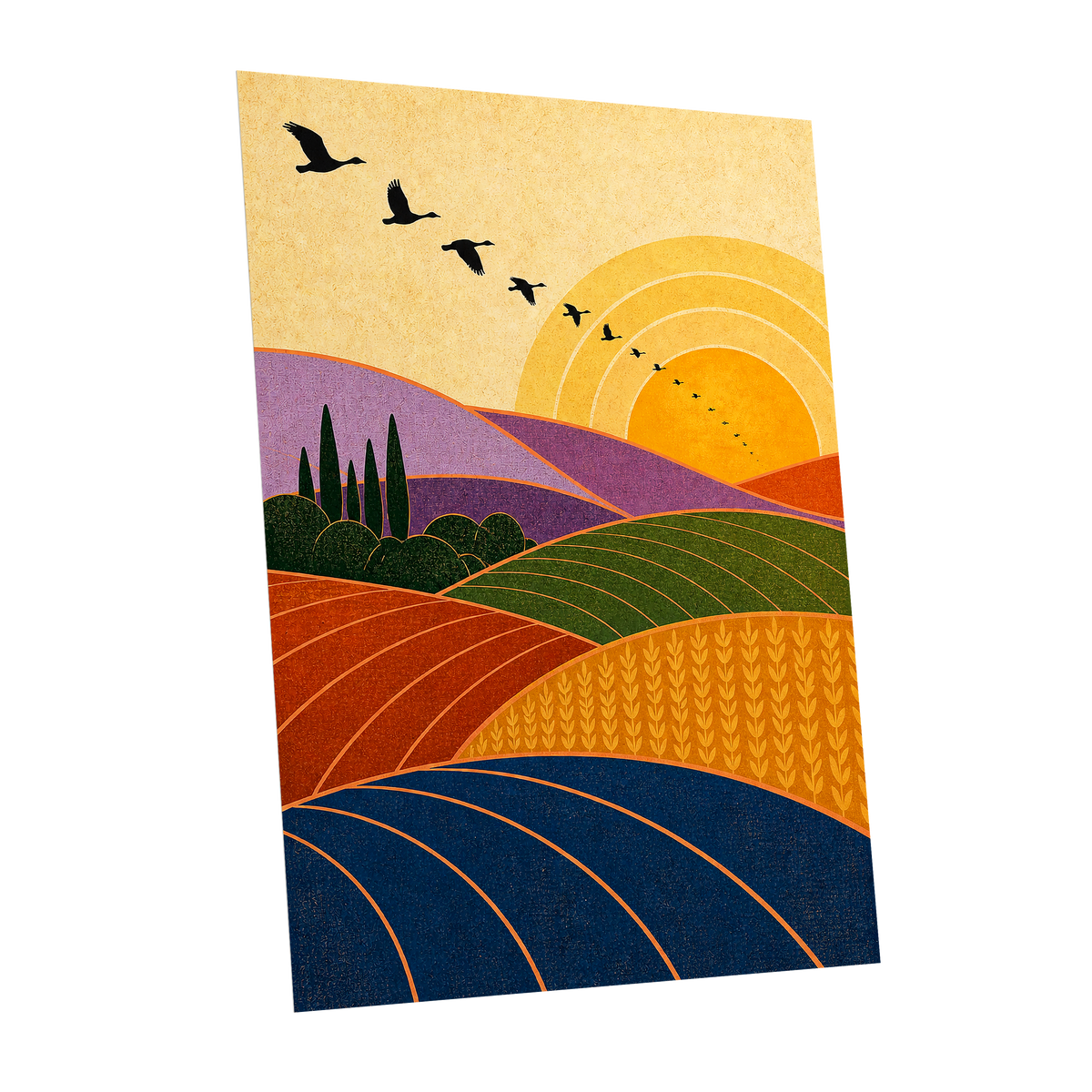 Flight over Golden Fields, yellow, orange, green nature wall art shown as a unframed poster wall art print