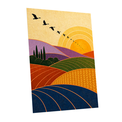 Flight over Golden Fields, yellow, orange, green nature wall art shown as a unframed poster wall art print