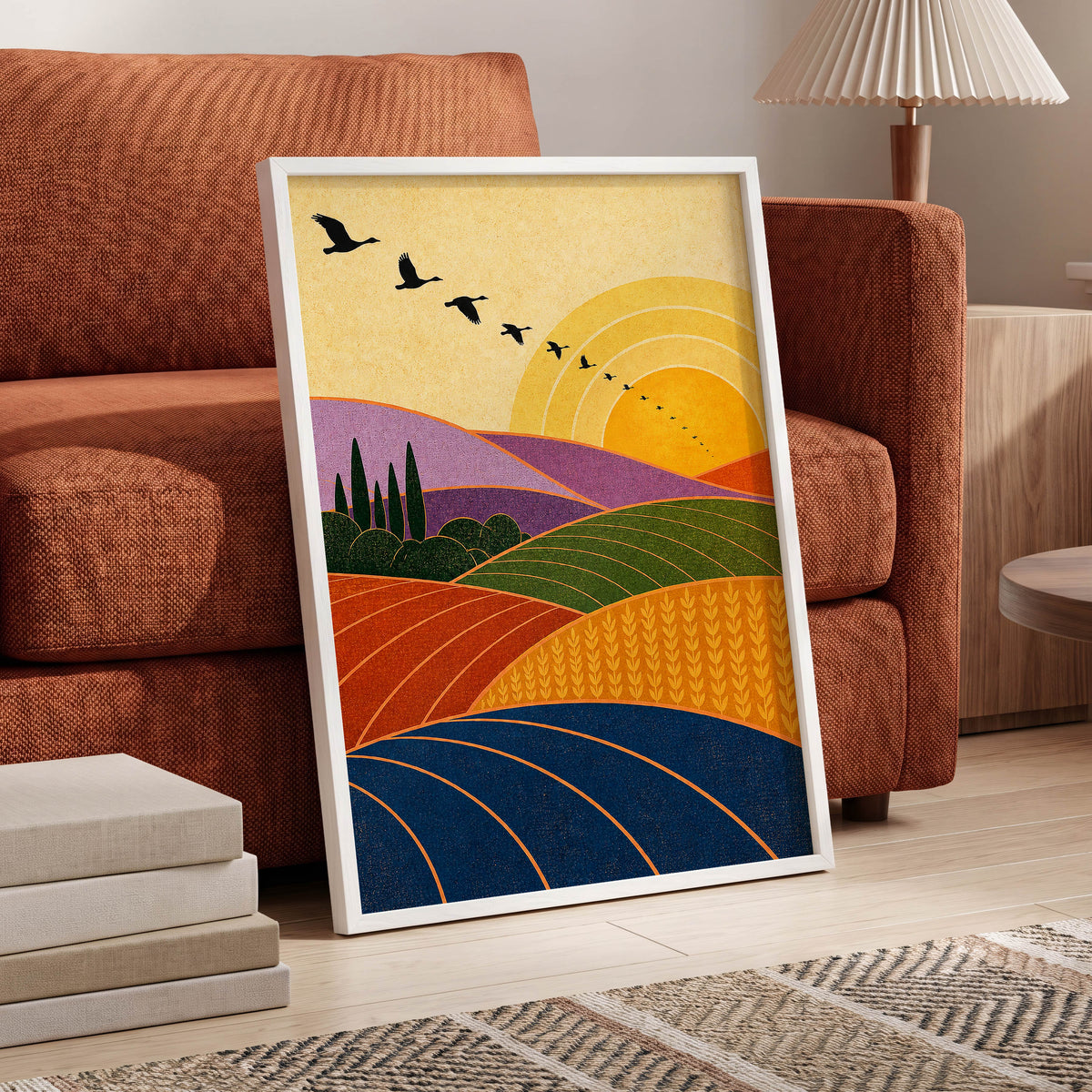 Flight over Golden Fields, yellow, orange, green nature wall art displayed in a styled interior, gallery view 2