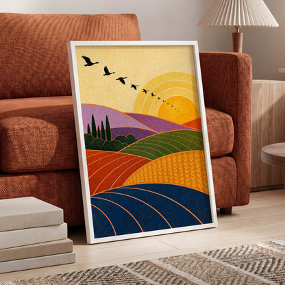 Flight over Golden Fields, yellow, orange, green nature wall art displayed in a styled interior, gallery view 2