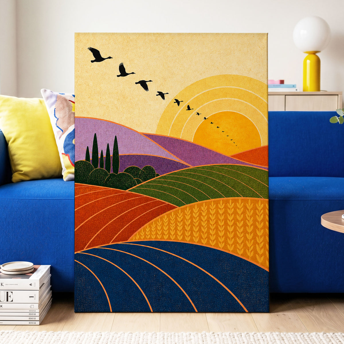 Flight over Golden Fields, yellow, orange, green nature wall art displayed in a styled interior, gallery view 3