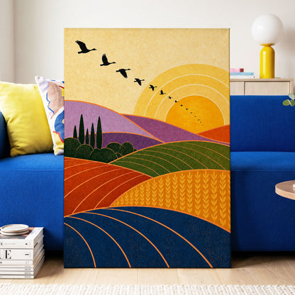 Flight over Golden Fields, yellow, orange, green nature wall art displayed in a styled interior, gallery view 3