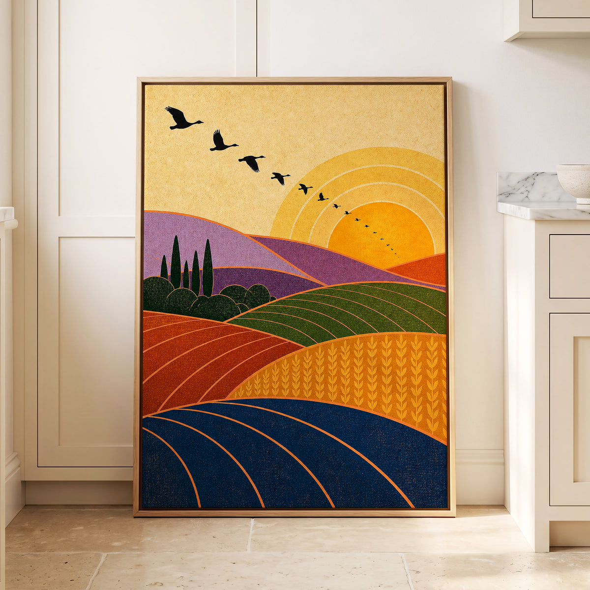 Flight over Golden Fields, yellow, orange, green nature wall art displayed in a styled interior, gallery view 4