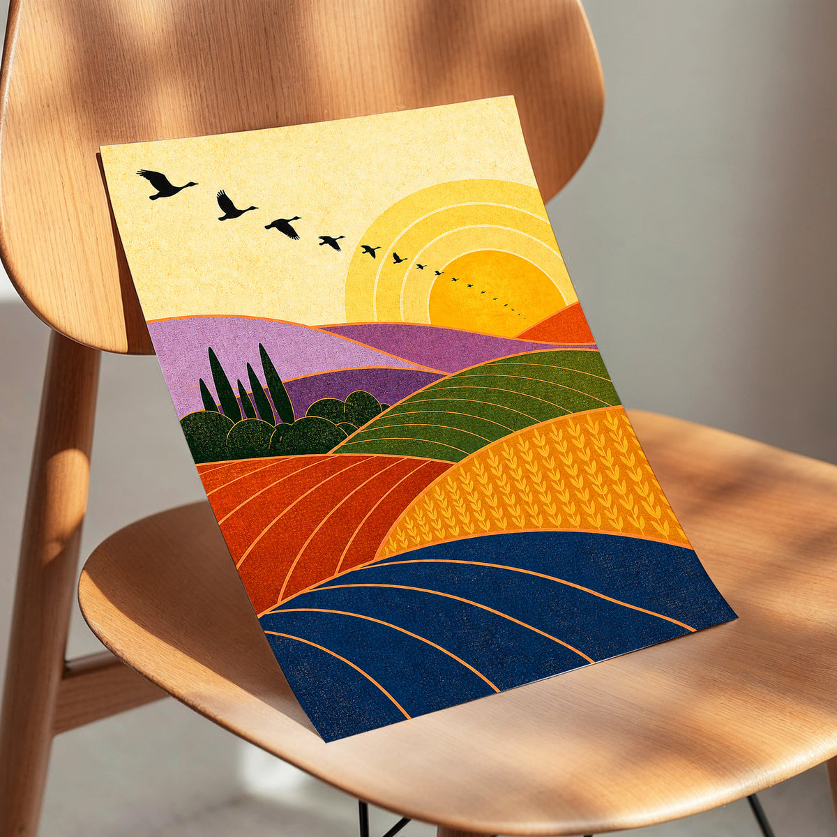 Flight over Golden Fields, yellow, orange, green nature wall art displayed in a styled interior, gallery view 5
