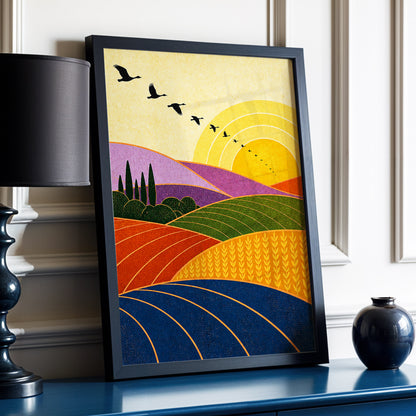 Flight over Golden Fields, yellow, orange, green nature wall art displayed in a styled interior, gallery view 6