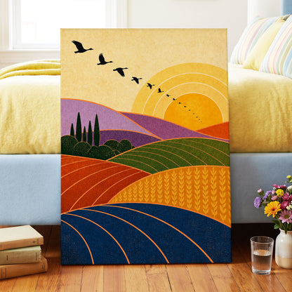 Flight over Golden Fields, yellow, orange, green nature wall art displayed in a styled interior, gallery view 7