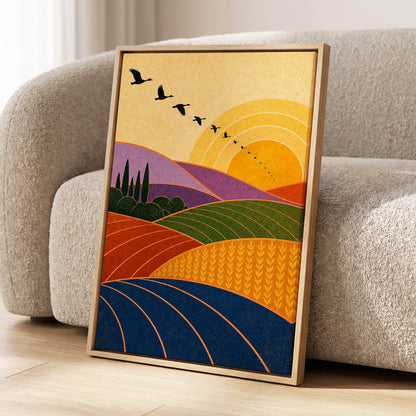 Flight over Golden Fields, yellow, orange, green nature wall art displayed in a styled interior, gallery view 8