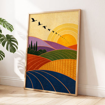 Flight over Golden Fields, yellow, orange, green nature wall art displayed in a styled interior, gallery view 9