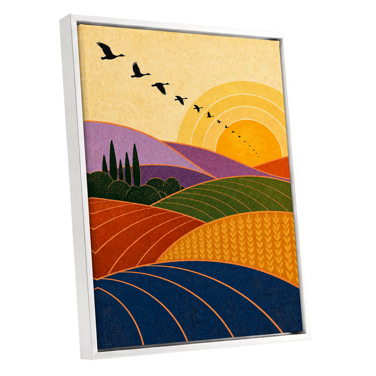 Flight over Golden Fields, yellow, orange, green nature wall art shown as a white framed canvas wall art