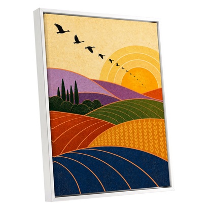 Flight over Golden Fields, yellow, orange, green nature wall art shown as a white framed canvas wall art