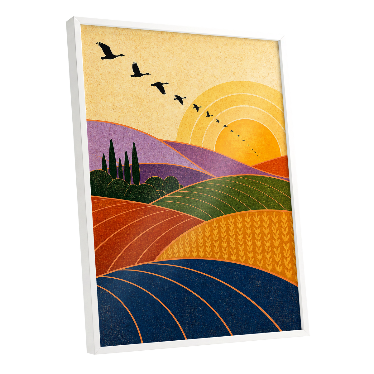 Flight over Golden Fields, yellow, orange, green nature wall art shown as a white framed poster wall art print