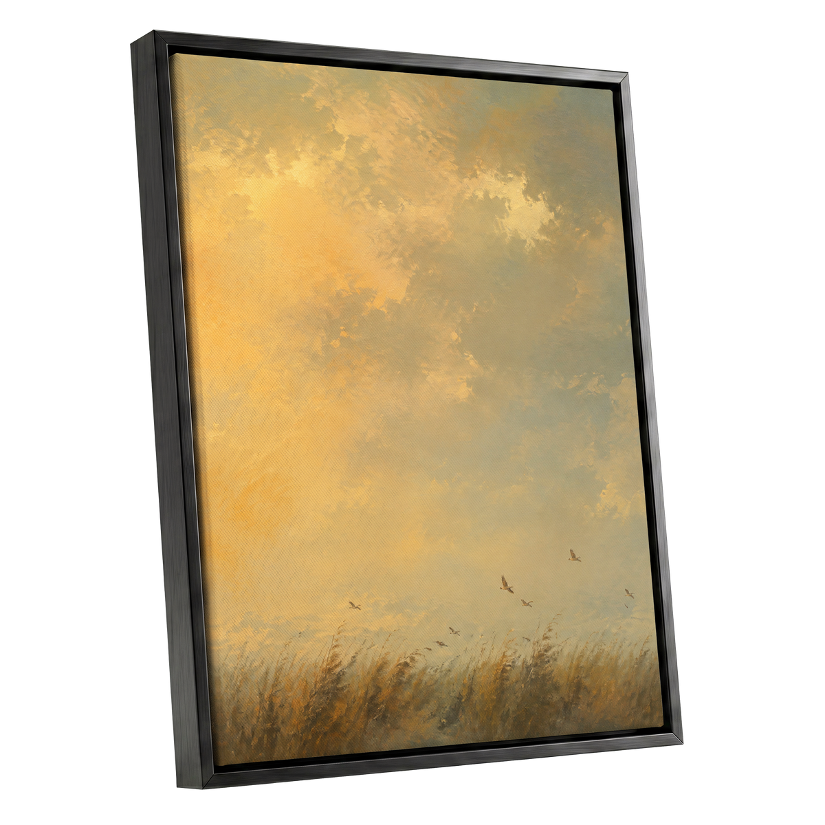 Flight Through Amber, gold, yellow, beige nature wall art shown as a black framed canvas wall art