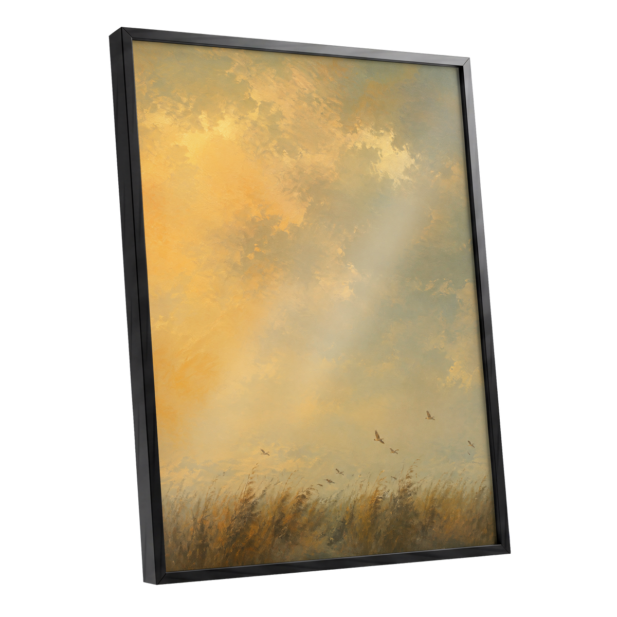 Flight Through Amber, gold, yellow, beige nature wall art shown as a black framed poster wall art print