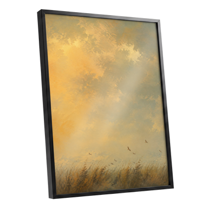 Flight Through Amber, gold, yellow, beige nature wall art shown as a black framed poster wall art print