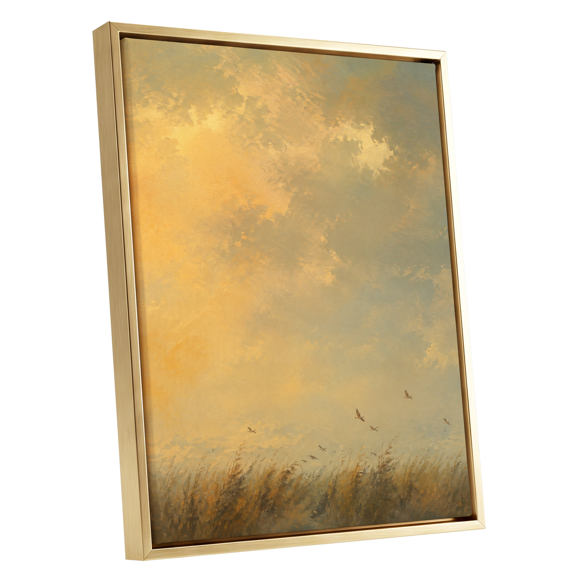 Flight Through Amber, gold, yellow, beige nature wall art shown as a gold framed canvas wall art