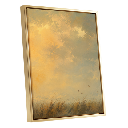 Flight Through Amber, gold, yellow, beige nature wall art shown as a gold framed canvas wall art
