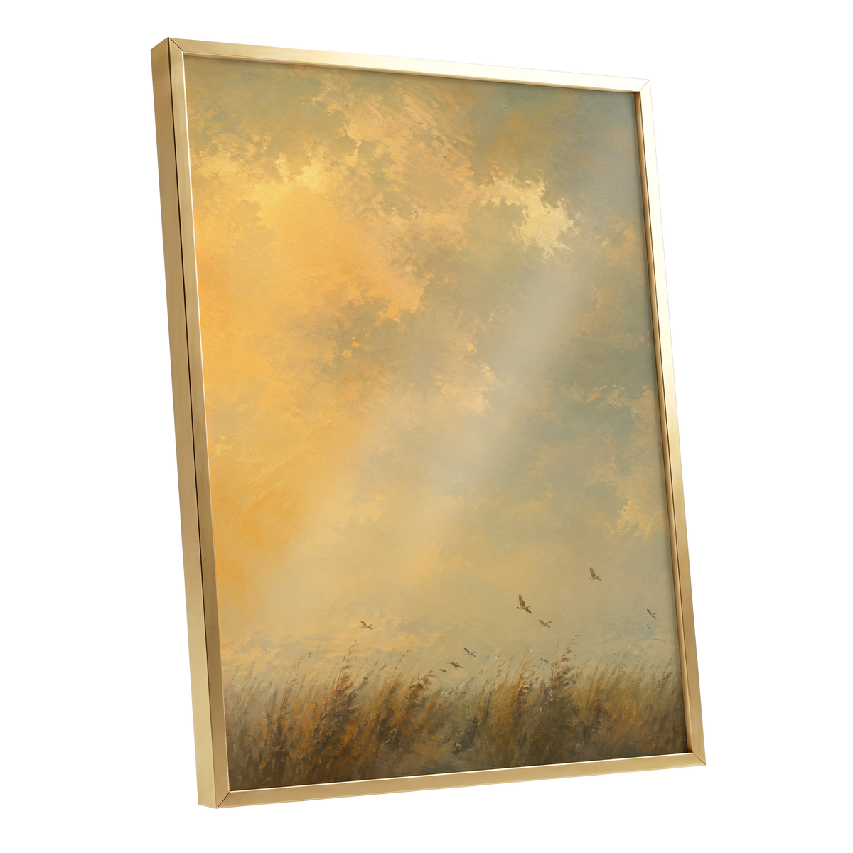 Flight Through Amber, gold, yellow, beige nature wall art shown as a gold framed poster wall art print