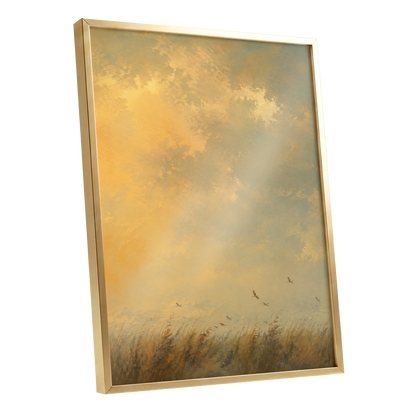 Flight Through Amber, gold, yellow, beige nature wall art shown as a gold framed poster wall art print