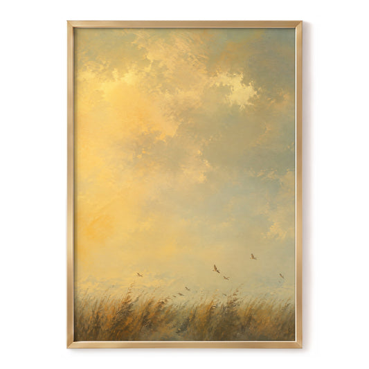 Flight Through Amber, gold, yellow, beige nature wall art, front artwork view