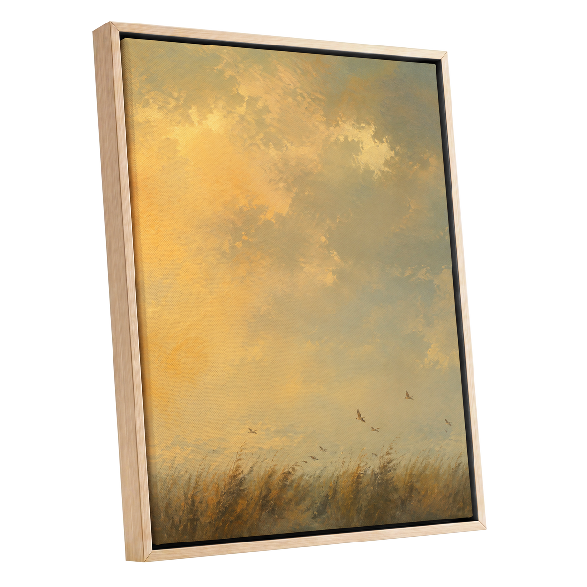 Flight Through Amber, gold, yellow, beige nature wall art shown as a oak framed canvas wall art